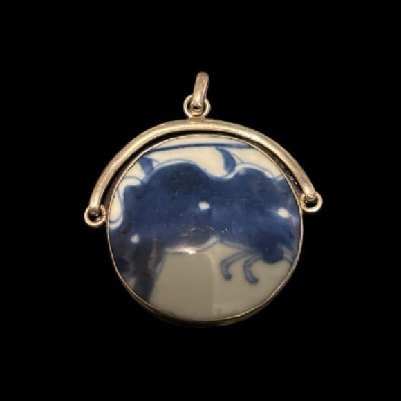 Rare 925 Sterling Silver - Vintage Chinese Ceramic Art Round Drop Pendant - Picture 3 of 5
